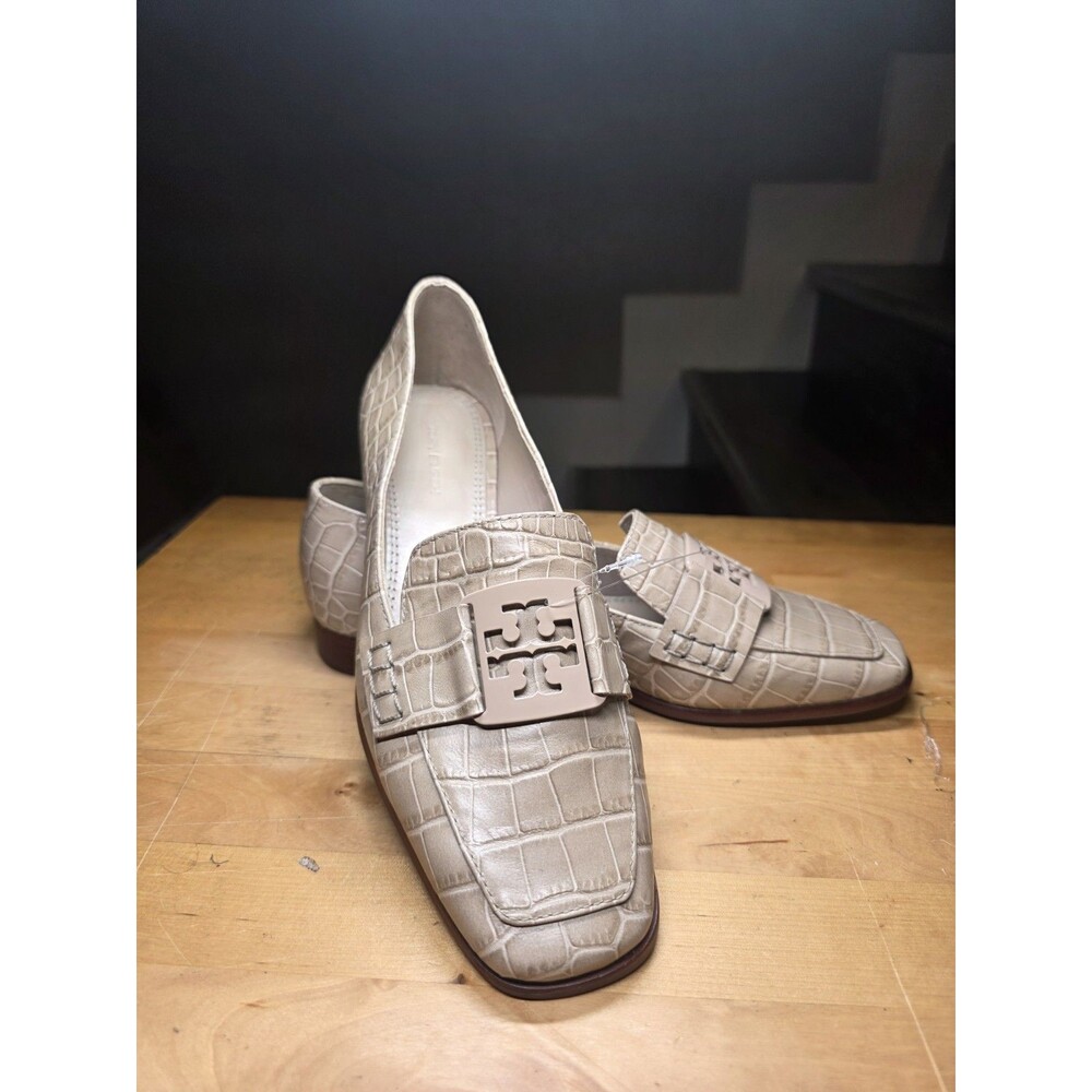 NWT Tory Burch Georgia Croc Embossed Leather Loafers Cream Beige Size...